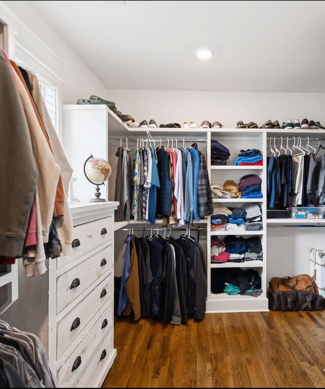 walk in closet with wood finished floors