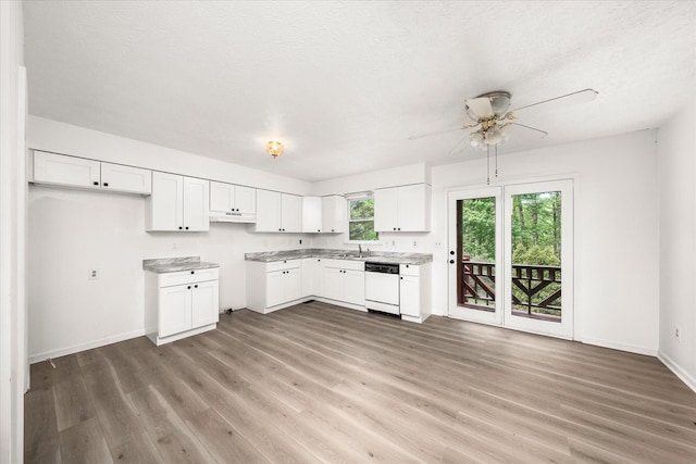 kitchen featuring dishwasher, a ceiling fan, under cabinet range hood, a sink, and light wood-type flooring