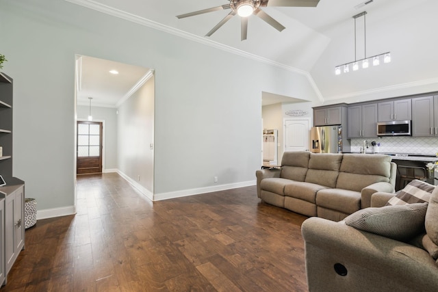 657 Josef Cir, Columbia, TN 38401 - living room with ceiling fan, dark wood-style flooring, baseboards, and crown molding