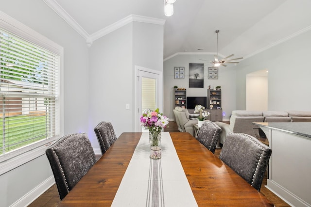 657 Josef Cir, Columbia, TN 38401 - dining area with plenty of natural light, ceiling fan, baseboards, ornamental molding, and lofted ceiling