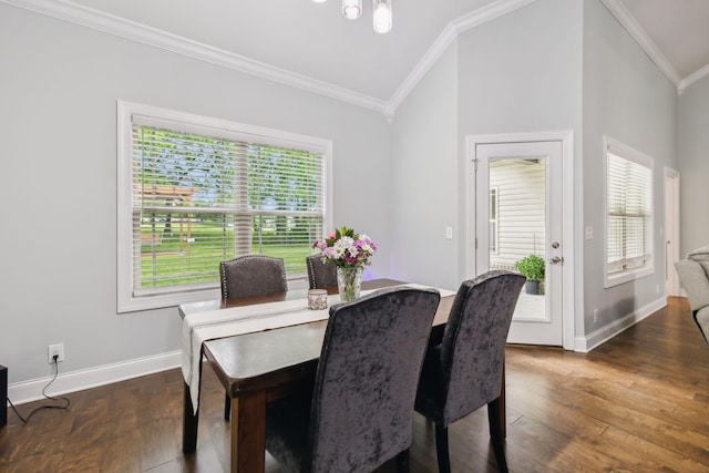 657 Josef Cir, Columbia, TN 38401 - dining space featuring lofted ceiling, ornamental molding, dark wood-style floors, and baseboards