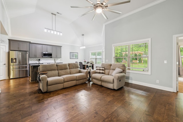 657 Josef Cir, Columbia, TN 38401 - living room featuring ceiling fan, high vaulted ceiling, dark wood-style floors, and baseboards