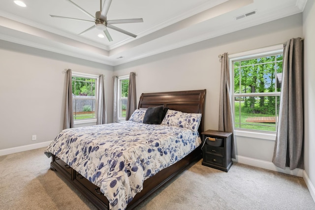 657 Josef Cir, Columbia, TN 38401 - bedroom featuring ornamental molding, light colored carpet, a tray ceiling, baseboards, and recessed lighting