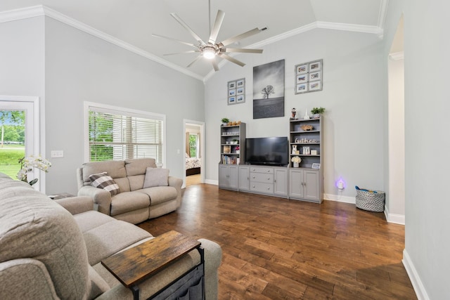 657 Josef Cir, Columbia, TN 38401 - living area featuring dark wood finished floors, a ceiling fan, high vaulted ceiling, crown molding, and baseboards