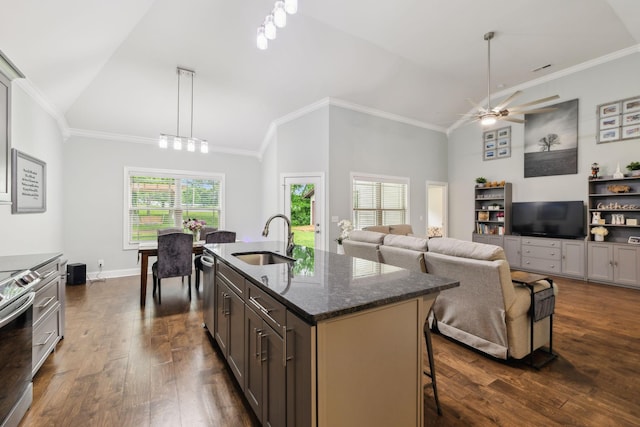 657 Josef Cir, Columbia, TN 38401 - kitchen featuring a sink, appliances with stainless steel finishes, dark wood-style floors, a ceiling fan, and a breakfast bar area