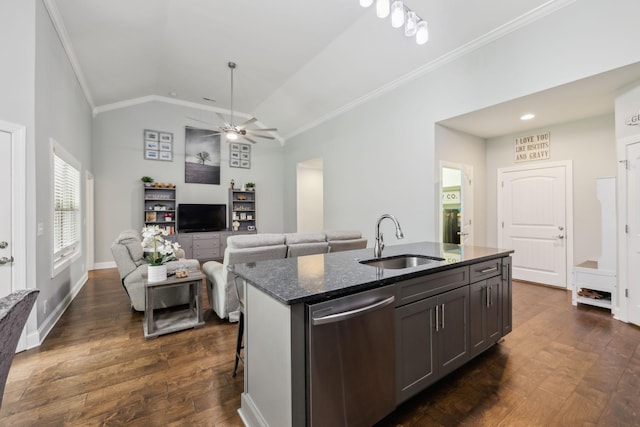 657 Josef Cir, Columbia, TN 38401 - kitchen featuring stainless steel dishwasher, a sink, ornamental molding, dark stone countertops, and ceiling fan