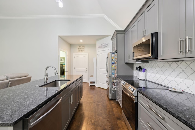657 Josef Cir, Columbia, TN 38401 - kitchen featuring stainless steel appliances, a sink, lofted ceiling, dark wood finished floors, and crown molding