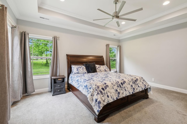 657 Josef Cir, Columbia, TN 38401 - carpeted bedroom featuring a tray ceiling, baseboards, ornamental molding, recessed lighting, and a ceiling fan
