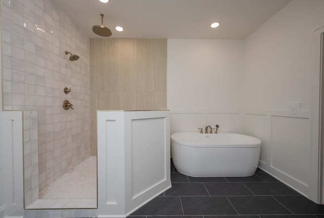 0 Pat Nixon Ct, Murfreesboro, TN 37130 - full bathroom featuring tile patterned floors, walk in shower, a freestanding bath, tile walls, and recessed lighting