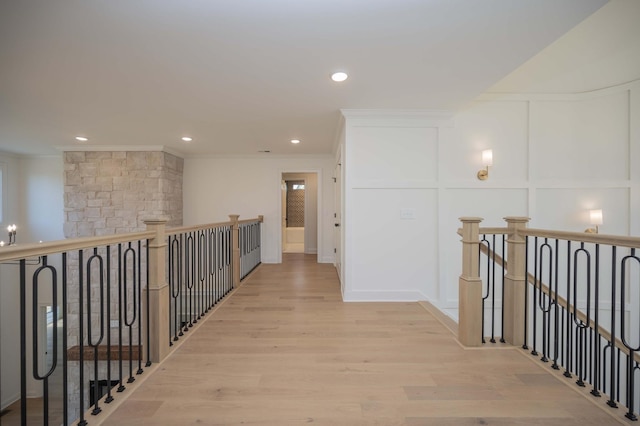0 Pat Nixon Ct, Murfreesboro, TN 37130 - hall with an upstairs landing, wood finished floors, ornamental molding, a decorative wall, and recessed lighting