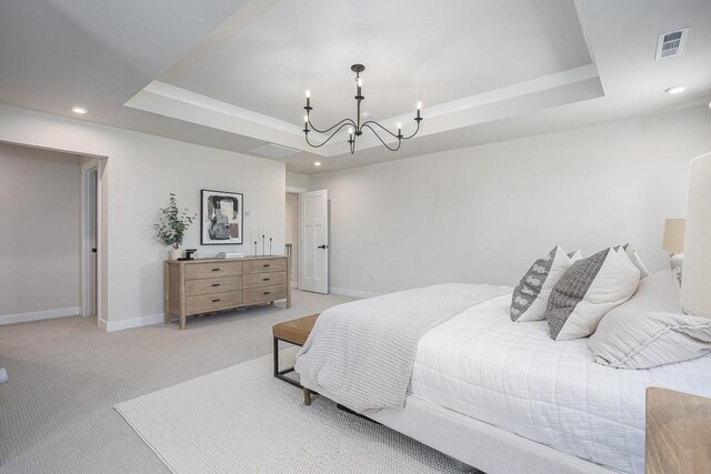 9016 Nestling Ridge Ct, College Grove, TN 37046 - bedroom with a raised ceiling, a chandelier, recessed lighting, light colored carpet, and baseboards