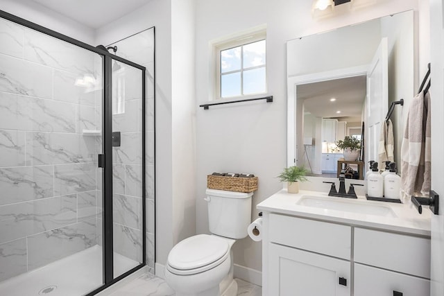 9016 Nestling Ridge Ct, College Grove, TN 37046 - bathroom featuring marble look tiles, a shower stall, toilet, vanity, and baseboards