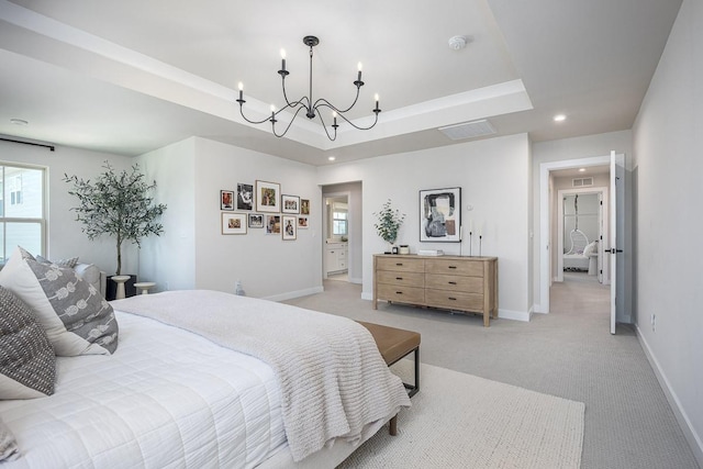 9016 Nestling Ridge Ct, College Grove, TN 37046 - bedroom with a chandelier, baseboards, light colored carpet, recessed lighting, and a raised ceiling