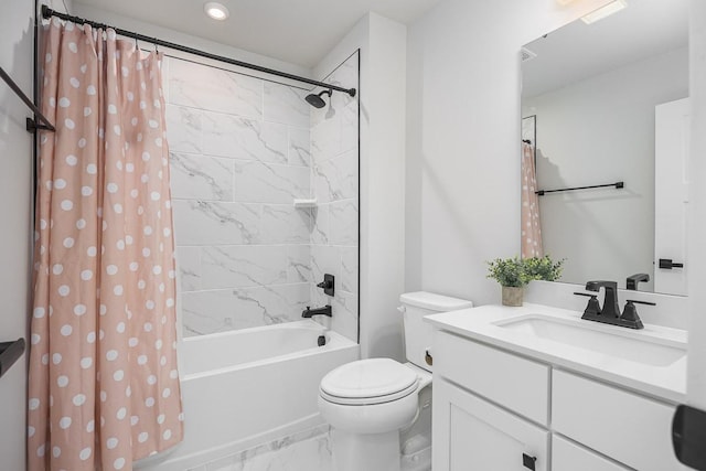 9016 Nestling Ridge Ct, College Grove, TN 37046 - bathroom with marble finish flooring, shower / tub combo with curtain, toilet, vanity, and recessed lighting