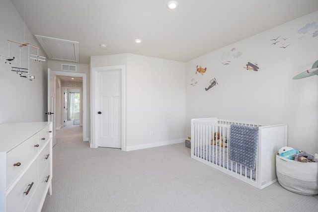 9016 Nestling Ridge Ct, College Grove, TN 37046 - bedroom featuring attic access, light colored carpet, recessed lighting, a crib, and baseboards