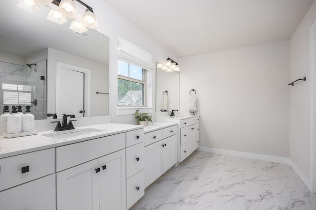9016 Nestling Ridge Ct, College Grove, TN 37046 - full bathroom with marble finish floors, a shower stall, two vanities, and baseboards