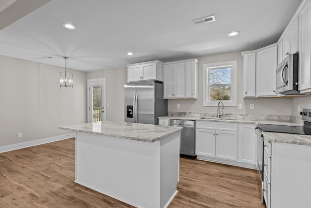 kitchen with stainless steel appliances, a sink, recessed lighting, a center island, and white cabinets