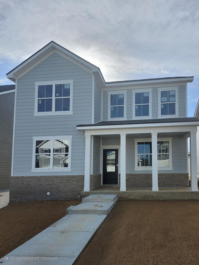traditional home featuring covered porch and brick siding