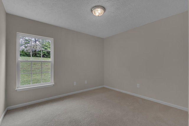 spare room with baseboards, light carpet, and a textured ceiling