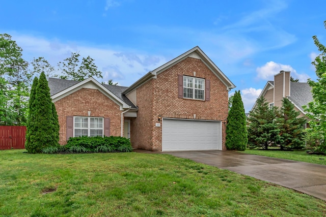 traditional-style home featuring a garage, brick siding, driveway, and a shingled roof