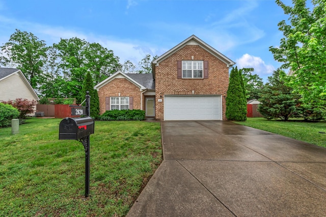 traditional-style home with brick siding, an attached garage, and concrete driveway