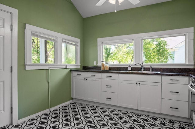 2001 E 16th St, Chattanooga, TN 37404 - kitchen featuring lofted ceiling, a ceiling fan, white cabinetry, and dark stone countertops