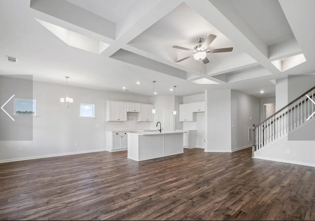 6152 Worthingtion, Columbia, TN 38401 - unfurnished living room featuring coffered ceiling, dark wood finished floors, baseboards, recessed lighting, and a ceiling fan