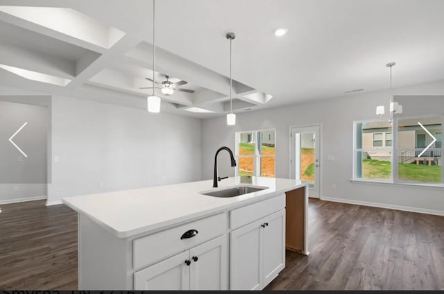 6152 Worthingtion, Columbia, TN 38401 - kitchen featuring a sink, coffered ceiling, open floor plan, dark wood-style floors, and beamed ceiling