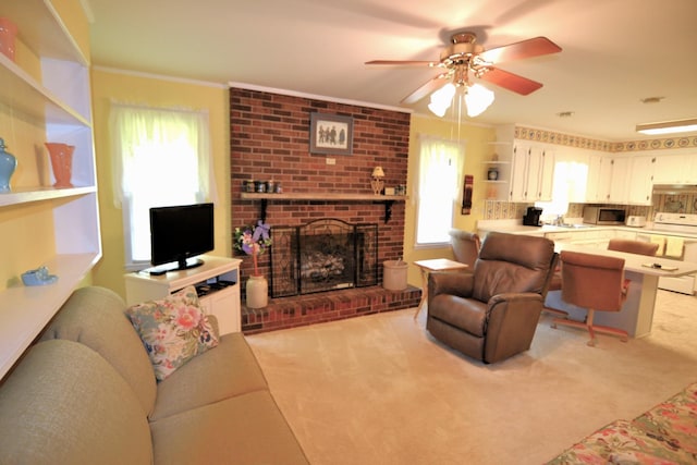 1210 Stewart Dr, Pulaski, TN 38478 - living area featuring a ceiling fan, light carpet, crown molding, and a fireplace