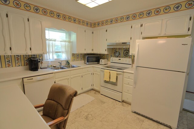 1210 Stewart Dr, Pulaski, TN 38478 - kitchen featuring white appliances, a sink, under cabinet range hood, and white cabinetry