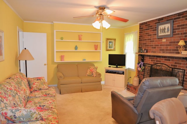 1210 Stewart Dr, Pulaski, TN 38478 - carpeted living room featuring a ceiling fan, ornamental molding, a fireplace, and baseboards