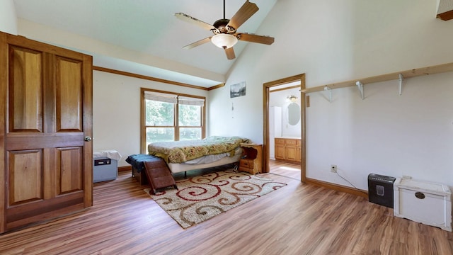 860 Dixie Bee Rd, Adams, TN 37010 - bedroom featuring light wood-style flooring, baseboards, high vaulted ceiling, ensuite bathroom, and ceiling fan