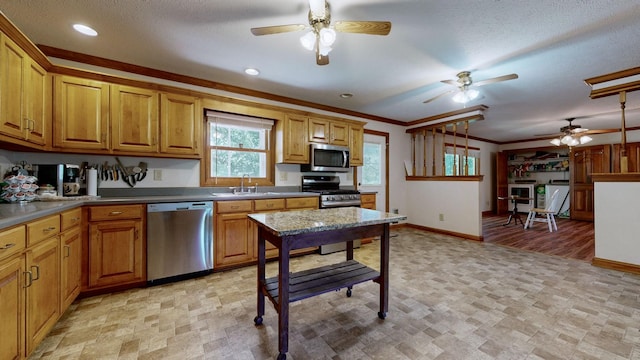 860 Dixie Bee Rd, Adams, TN 37010 - kitchen featuring stainless steel appliances, a sink, ceiling fan, baseboards, and crown molding