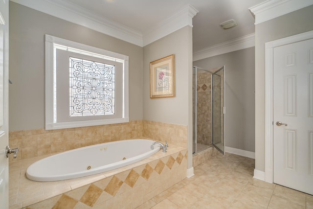full bath with a stall shower, a whirlpool tub, and ornamental molding