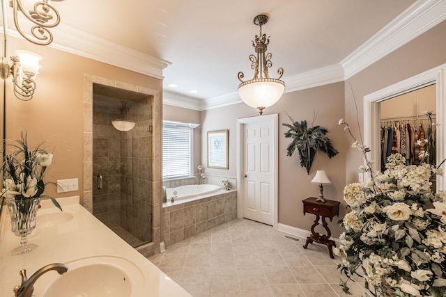 131 Grandview Cir, Gallatin, TN 37066 - bathroom with a bath, a shower stall, tile patterned flooring, crown molding, and double vanity