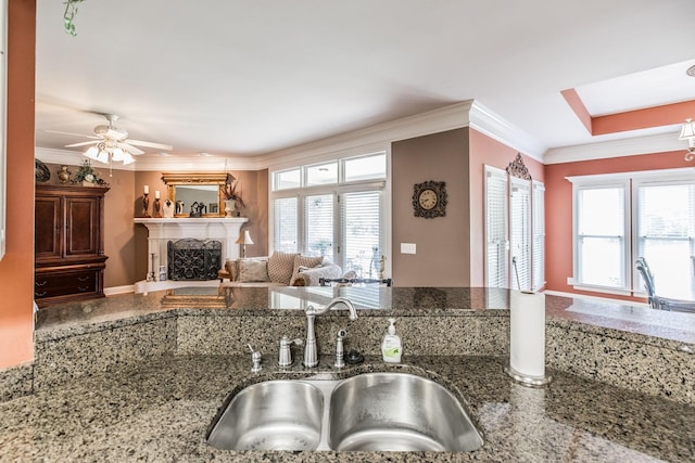 131 Grandview Cir, Gallatin, TN 37066 - kitchen with a sink, crown molding, a fireplace with raised hearth, a ceiling fan, and plenty of natural light