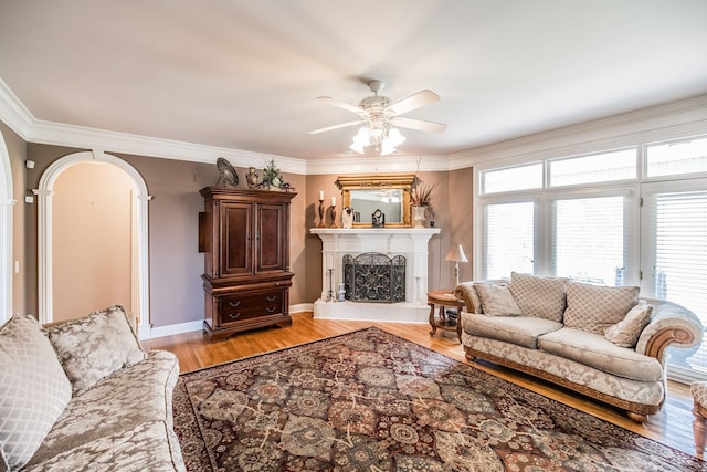 131 Grandview Cir, Gallatin, TN 37066 - living area featuring ceiling fan, crown molding, light wood finished floors, a fireplace with raised hearth, and arched walkways