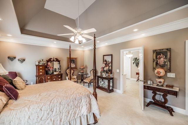 131 Grandview Cir, Gallatin, TN 37066 - bedroom featuring light colored carpet, recessed lighting, crown molding, a raised ceiling, and a ceiling fan