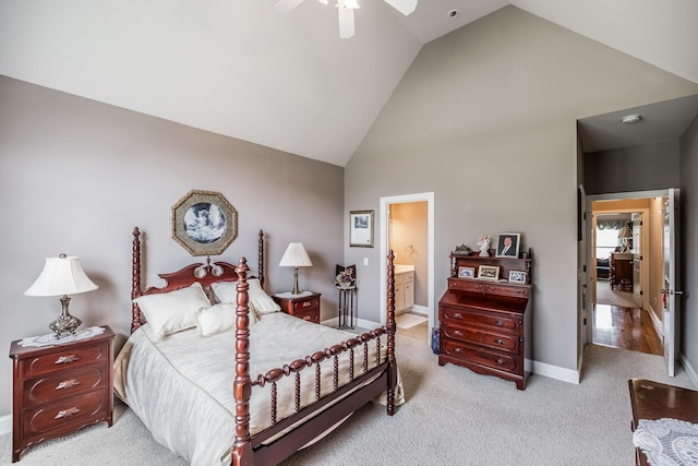 131 Grandview Cir, Gallatin, TN 37066 - bedroom featuring high vaulted ceiling, carpet floors, baseboards, ensuite bath, and a ceiling fan