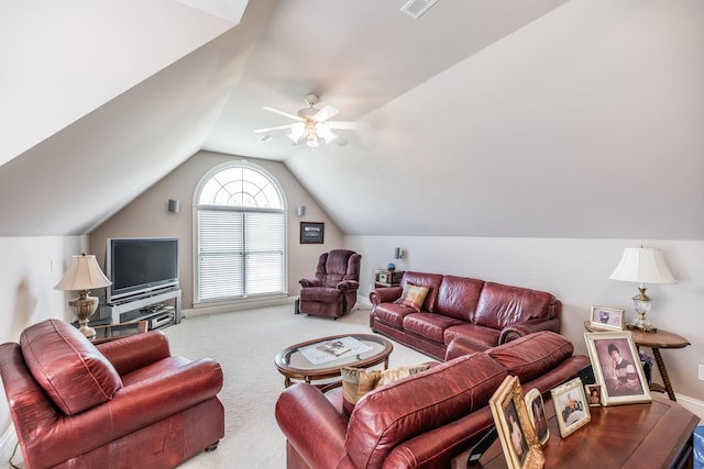 131 Grandview Cir, Gallatin, TN 37066 - living area featuring vaulted ceiling, a ceiling fan, and carpet floors