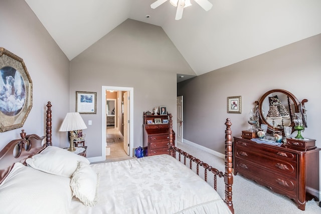 131 Grandview Cir, Gallatin, TN 37066 - bedroom featuring light carpet, high vaulted ceiling, a ceiling fan, ensuite bathroom, and baseboards