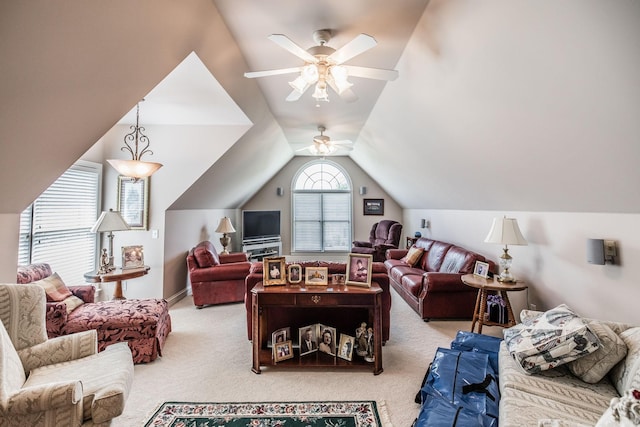 131 Grandview Cir, Gallatin, TN 37066 - carpeted living area featuring ceiling fan and lofted ceiling
