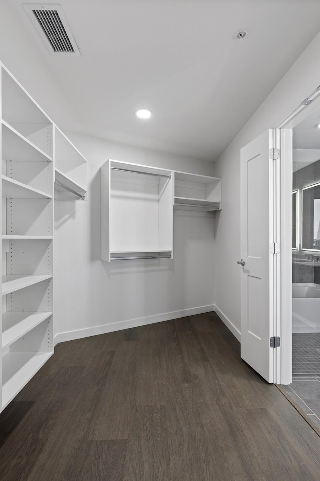walk in closet with dark wood-style floors