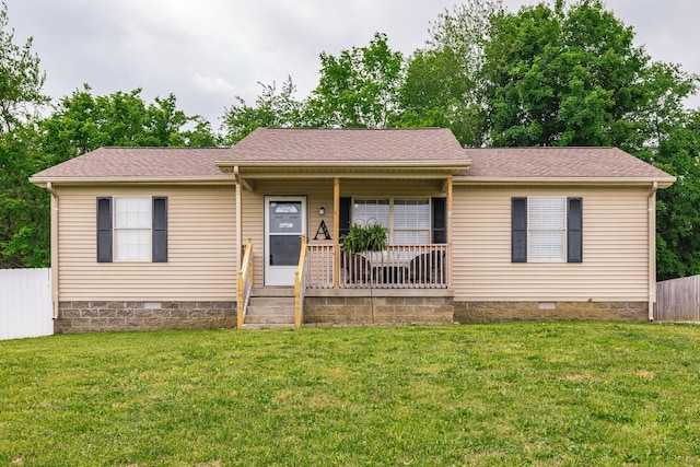 ranch-style home featuring crawl space, a porch, and roof with shingles
