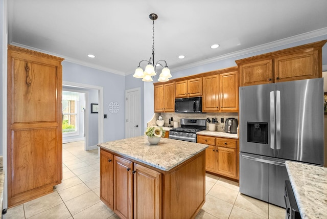 411 Lake Pointe Dr, Clarksville, TN 37043 - kitchen featuring stainless steel appliances, light tile patterned flooring, brown cabinetry, backsplash, and ornamental molding