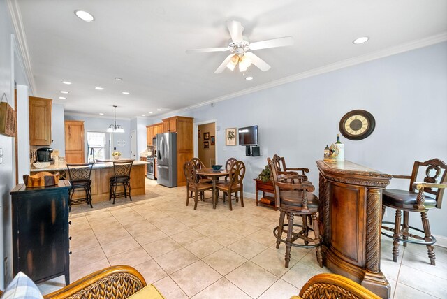 411 Lake Pointe Dr, Clarksville, TN 37043 - dining space with ceiling fan, ornamental molding, recessed lighting, light tile patterned flooring, and baseboards