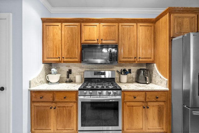 411 Lake Pointe Dr, Clarksville, TN 37043 - kitchen with appliances with stainless steel finishes, ornamental molding, tasteful backsplash, and light stone countertops