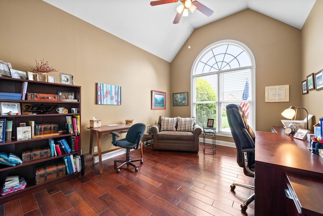 411 Lake Pointe Dr, Clarksville, TN 37043 - office featuring ceiling fan, dark wood-style flooring, and high vaulted ceiling