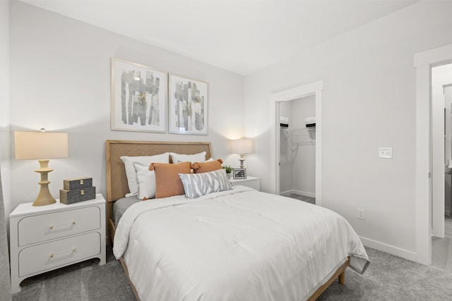 bedroom with carpet floors, baseboards, a spacious closet, and a closet