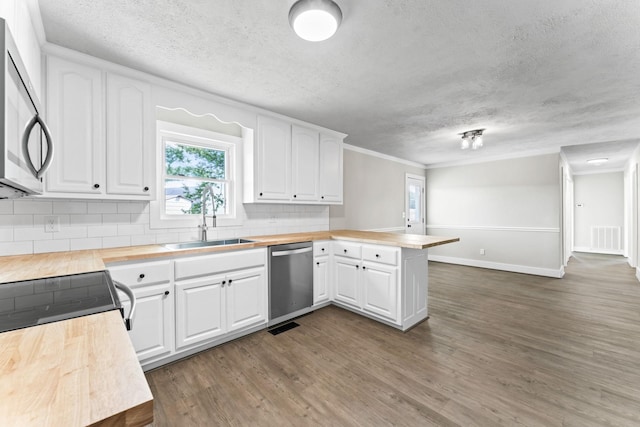 1950 Norton Rd, Lawrenceburg, TN 38464 - kitchen with appliances with stainless steel finishes, wood counters, a sink, a peninsula, and dark wood finished floors